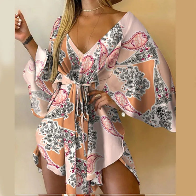 Print Dress Sexy V-Neck Bat Sleeve Ruffl Flowers Mini LADYLYS
