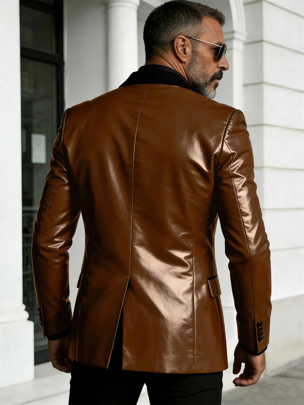 Men's Slim-Fit Two-Button Blazer with Leather Finish
