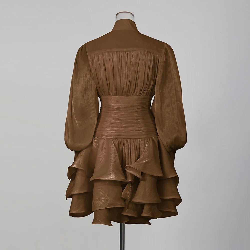 Solid Spliced Ruffles Dress Female Stand Collar Long Sleeve Loose French Elegant LADYLYS