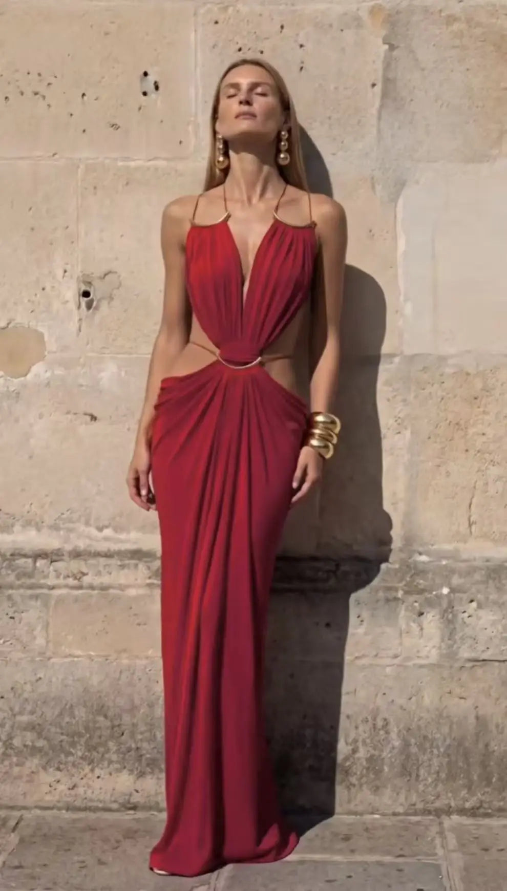 Deep V Cutout Ruched Maxi Gown – Spaghetti Strap Sleeveless Evening Dress