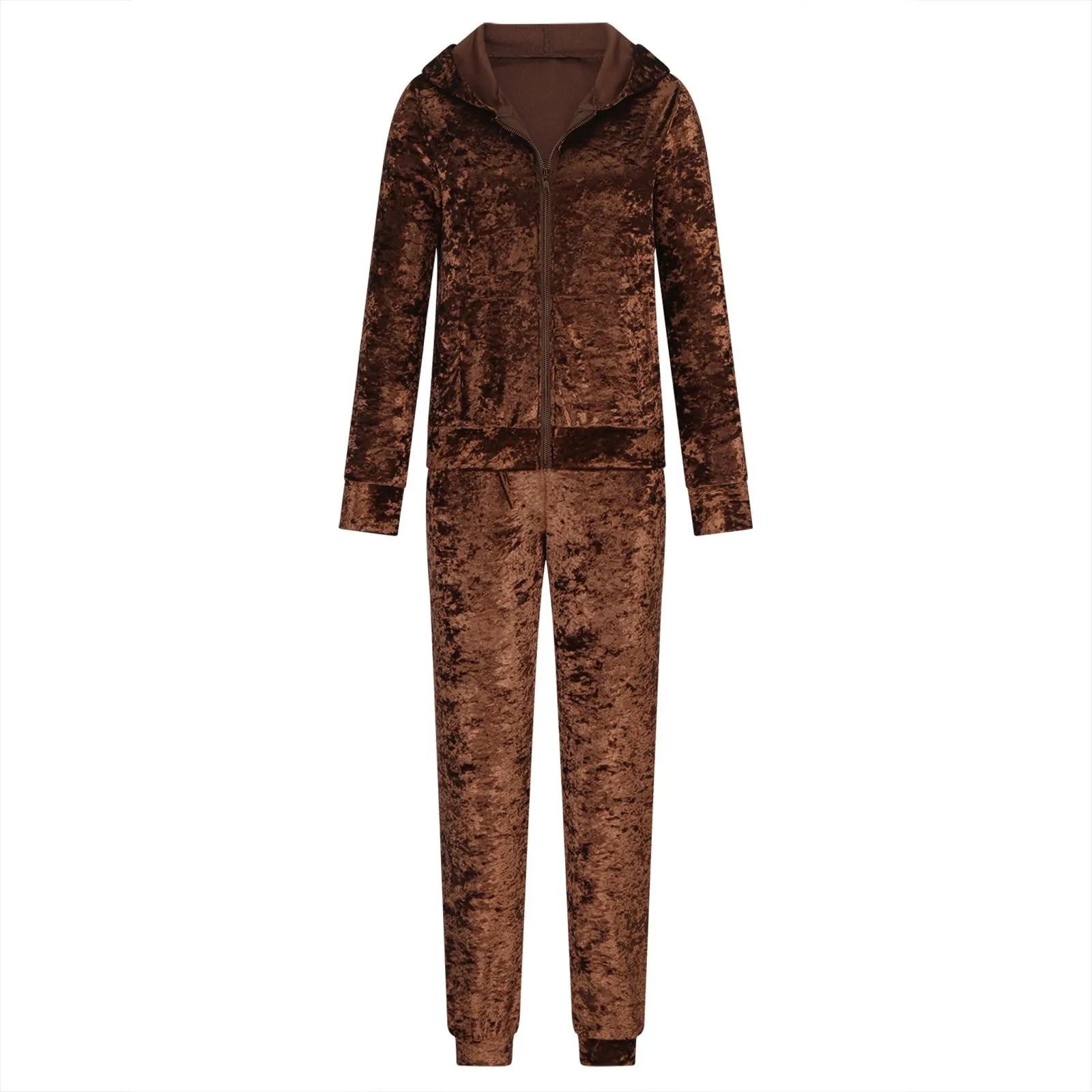 Women's Velvet Tracksuit 2-Piece Set – Full-Zip Hoodie & Jogger Sweatpants with Pockets