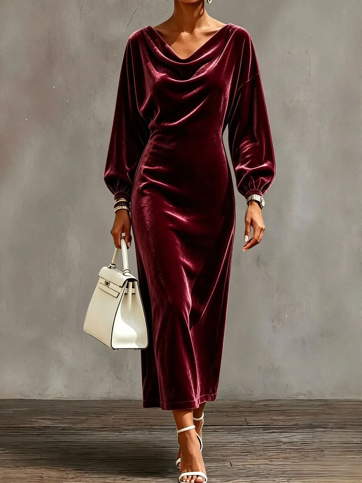 Women's Elegant Cowl Neck A-Line Dress with Lantern Sleeves