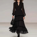 Black V-Neck Maxi Dress – Long Sleeve Mesh Patchwork A-Line | Party & Streetwear