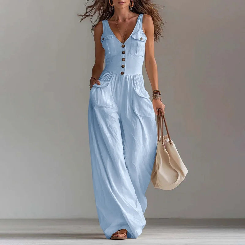 V-Neck Wide Leg Jumpsuit – Elegant Solid, High Waist, Full Length