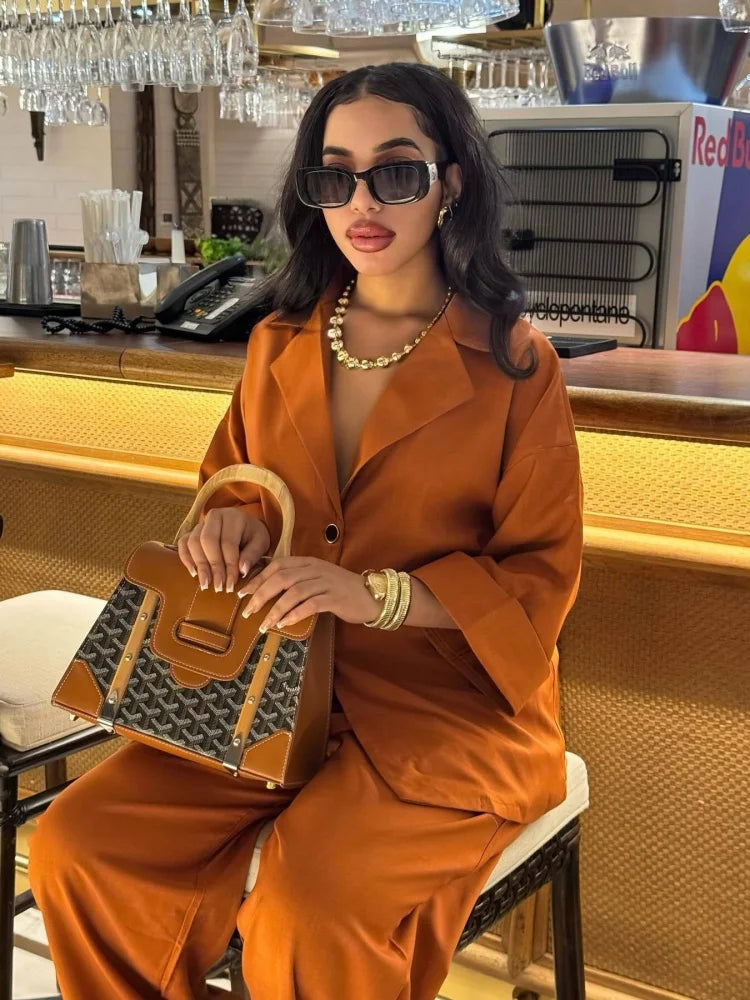 Lapel Loose Single Breasted Shirt High Waisted Straight Leg Pants Casual Elegant Suit LADYLYS