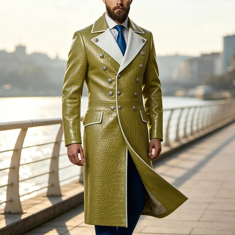 Men's Croc-Embossed Faux Leather Double-Breasted Overcoat with Contrast White Lapels