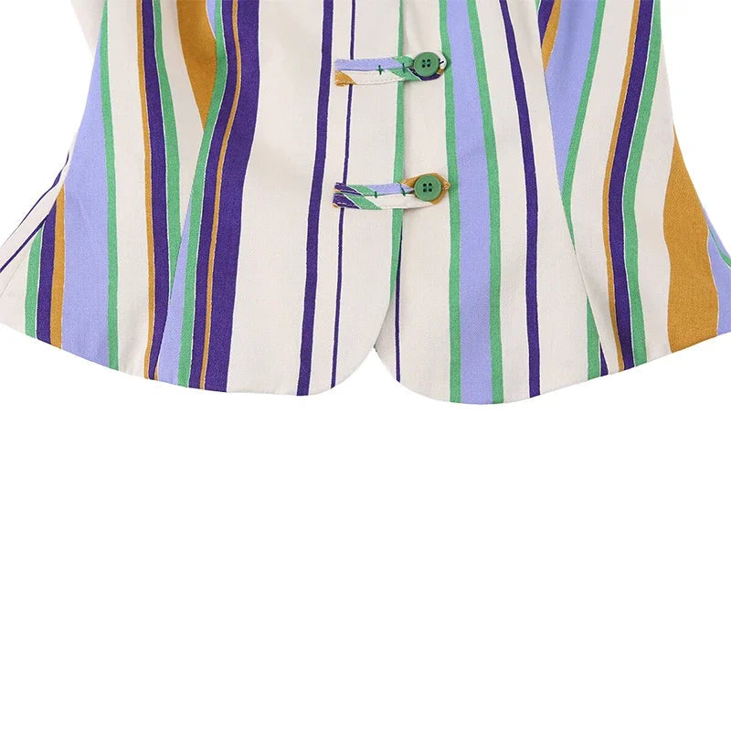 Casual Striped Shirt Trouser Suits Women Short Sleeve V-Neck Button Top LADYLYS