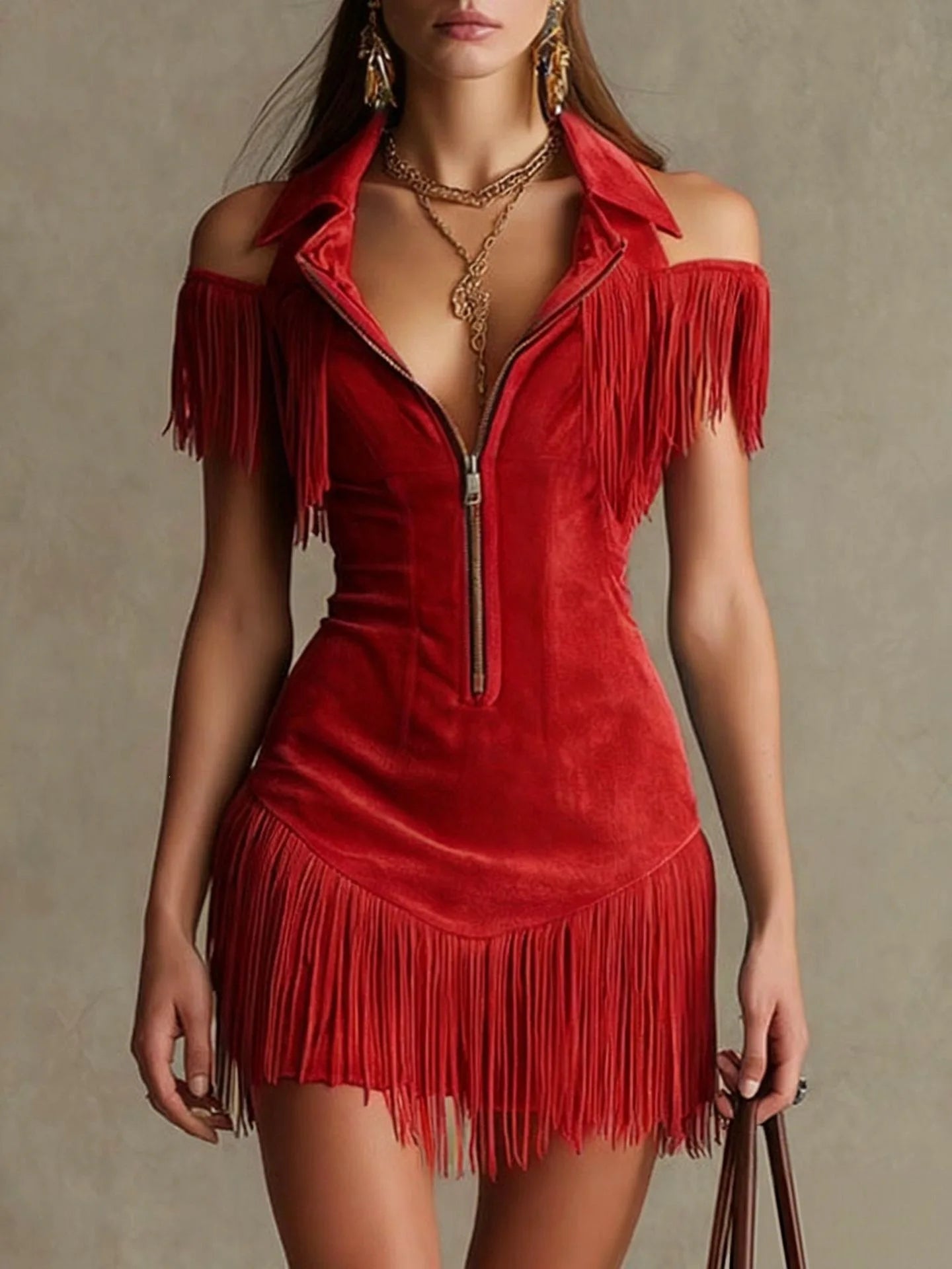 Suede Fringe Bodycon Mini Dress – Cold Shoulder Zip-Up Western Style Dress
