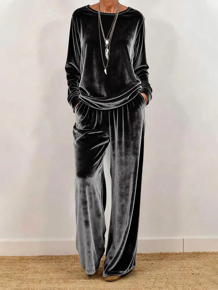 Women's Velvet O-Neck Top & Wide Leg Pants Set — Solid Color 2-Piece Outfit