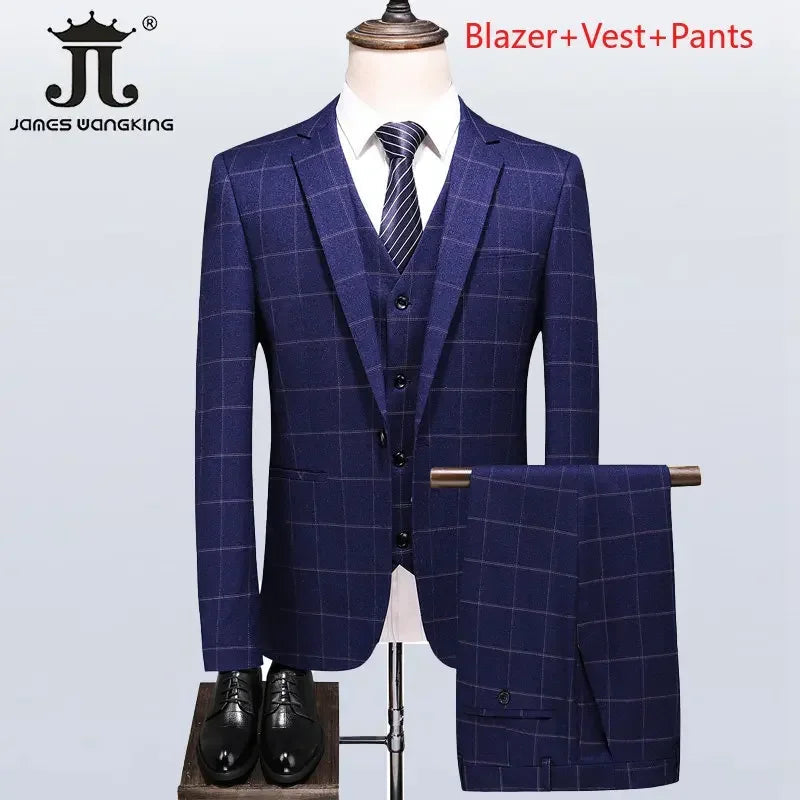 Men's Formal Suits 3 Piece Set British Plaid Style (Blazer + Vest + Trousers) LADYLYS