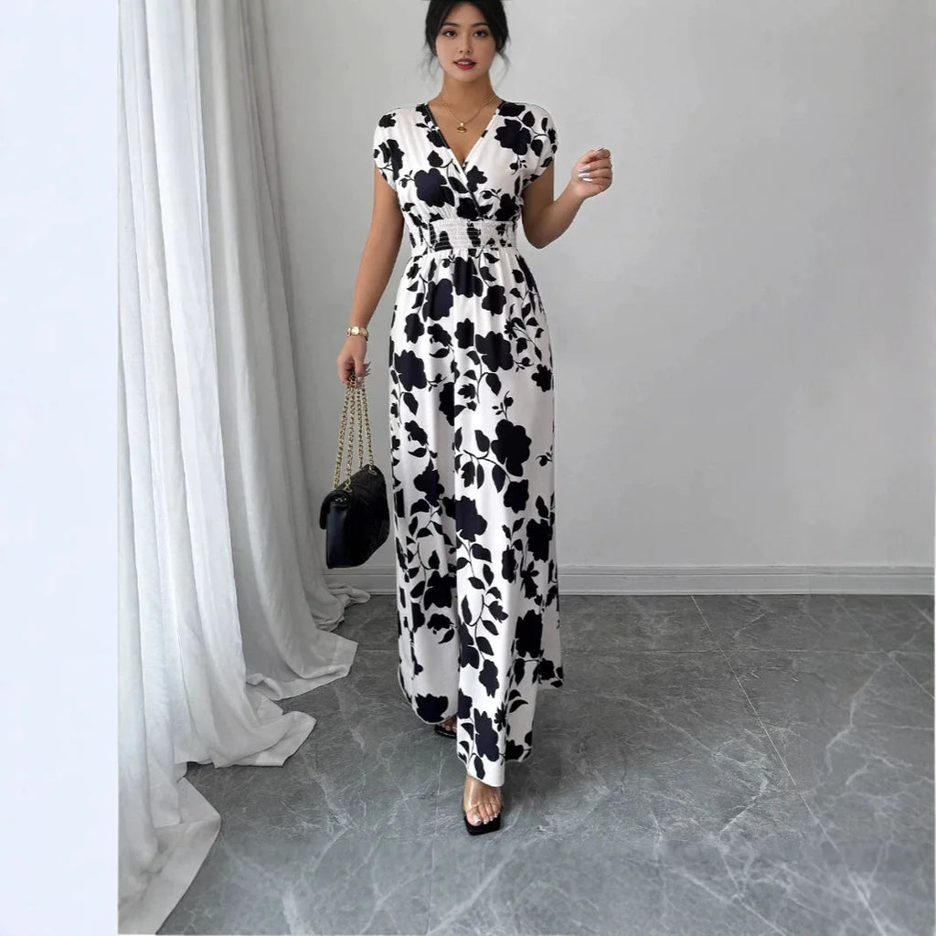 Printed V-Neck Short Sleeve Midi Dress – Lace-Up Waist Casual Summer Dress