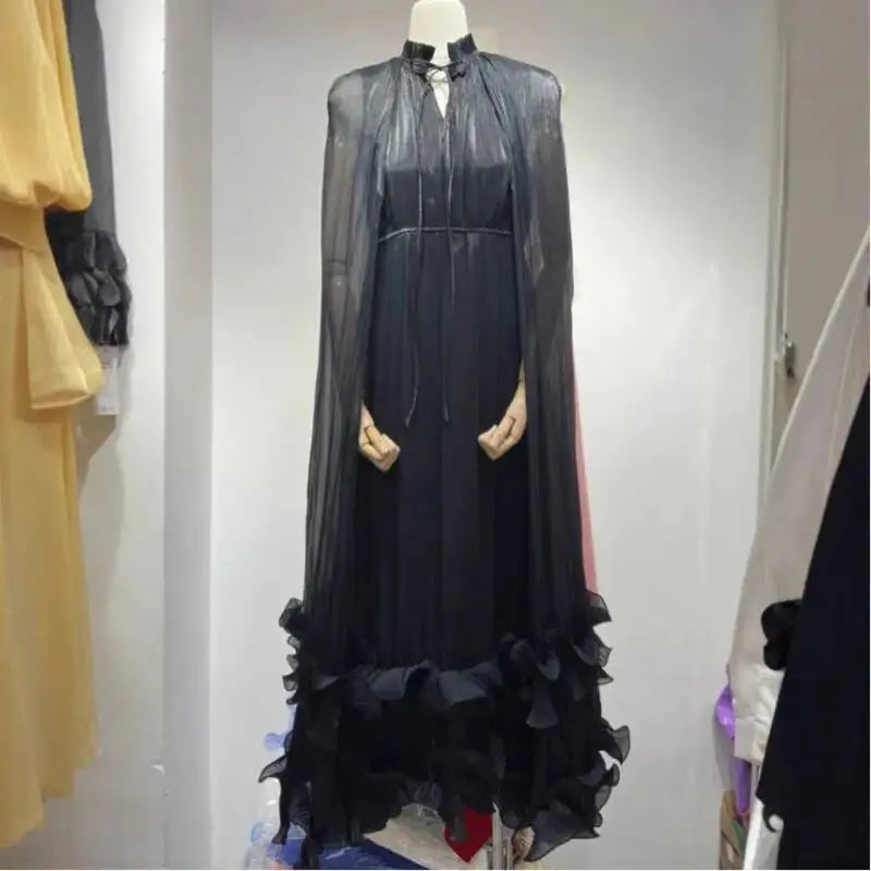 Women's V-Neck Cape Sleeve Maxi Dress – Ruffle Edge, A-Line Floor-Length