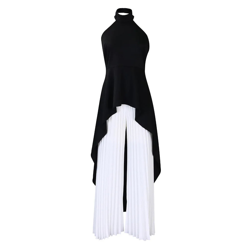 Elegant Tow Piece Set Women Outfit Backless Top Hundred Pleated Wide Leg Pants LADYLYS