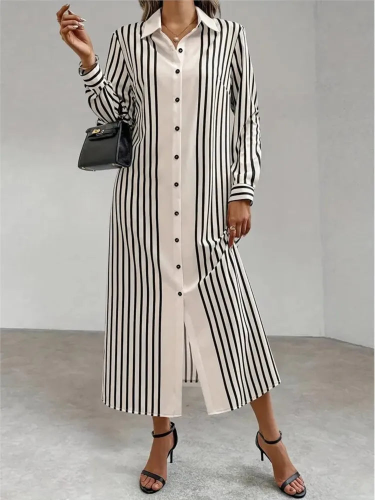 Striped Lapel Shirt Dress – Long Sleeve Button-Up Cardigan Style