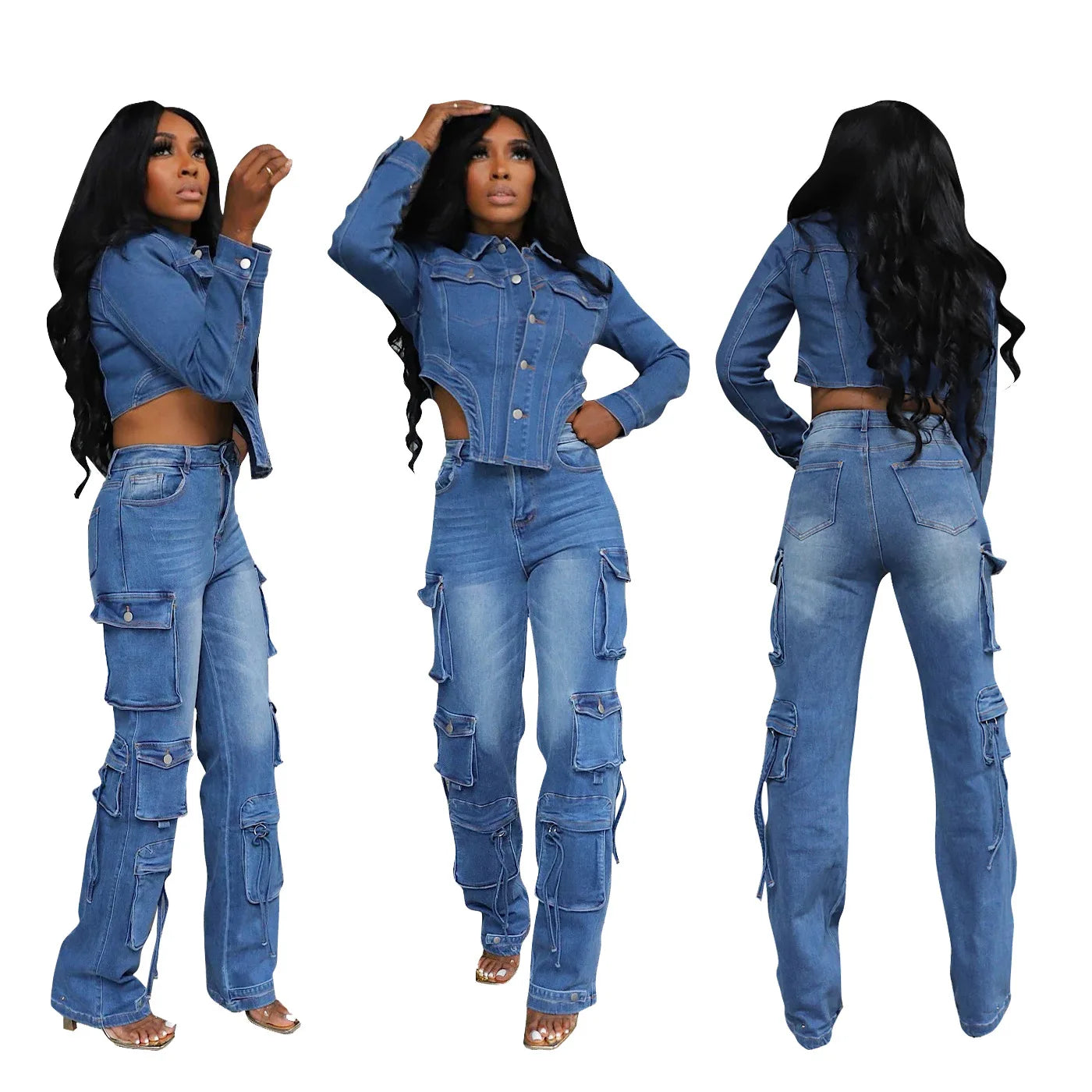 Washed Denim Women's Set Full Sleeve Button Fly Jacket and Pockets Cargo Jeans Pants Suit LADYLYS