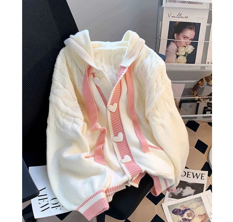 Women's White Hooded Knit Cardigan, Loose Fit
