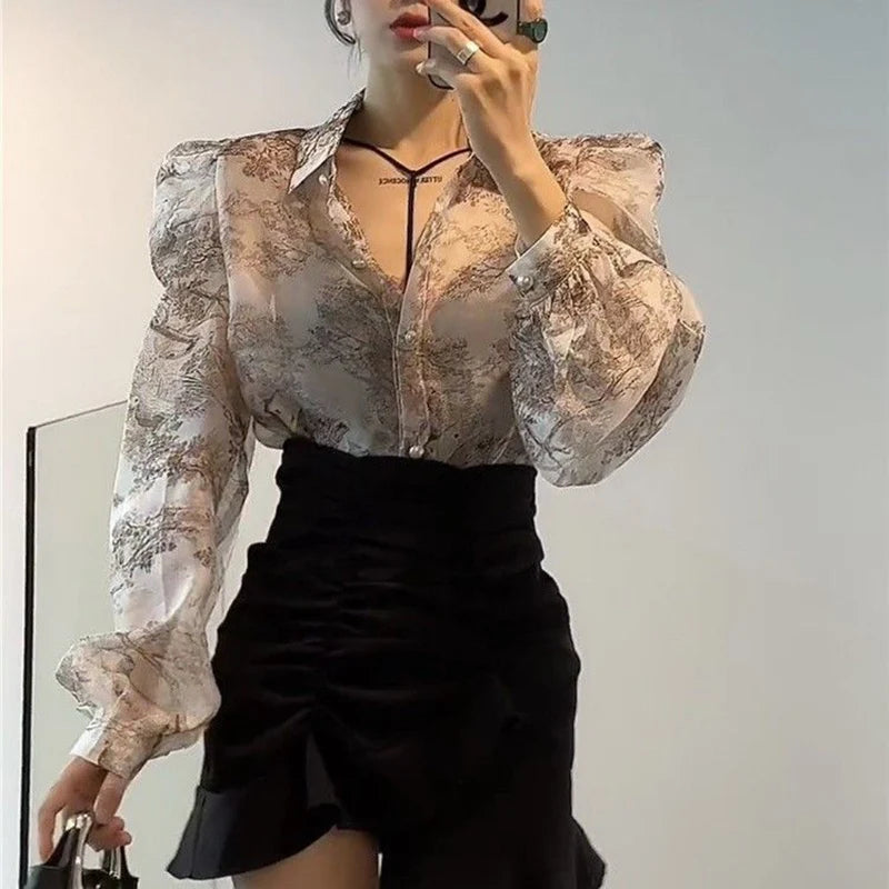 Vintage Printed Lapel Button Puff Sleeve Shirts Lady Blouses