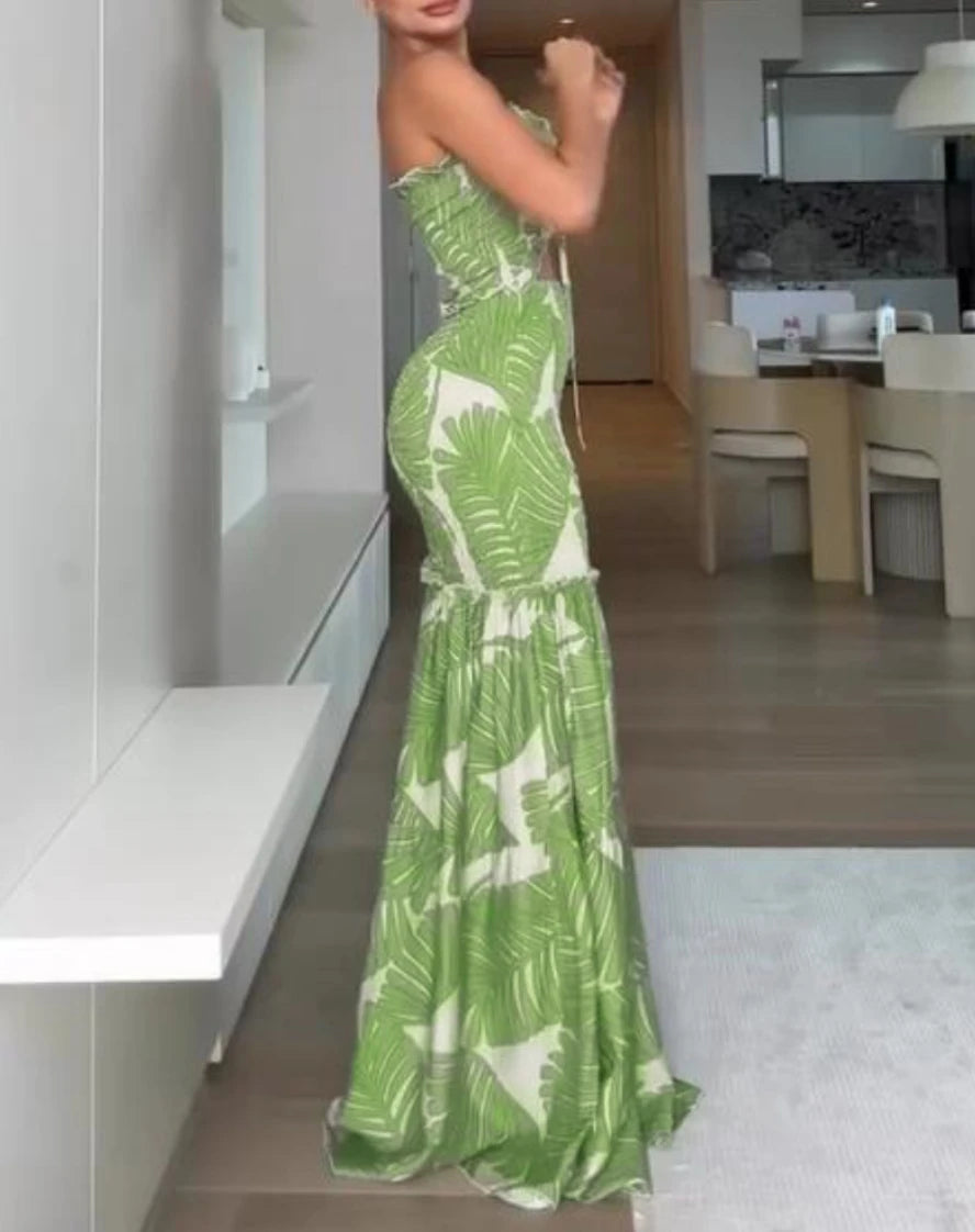 Tropical Print Drawstring Ruched Shirred Frill Trim Bandeau Vacation Dress Cinched LADYLYS