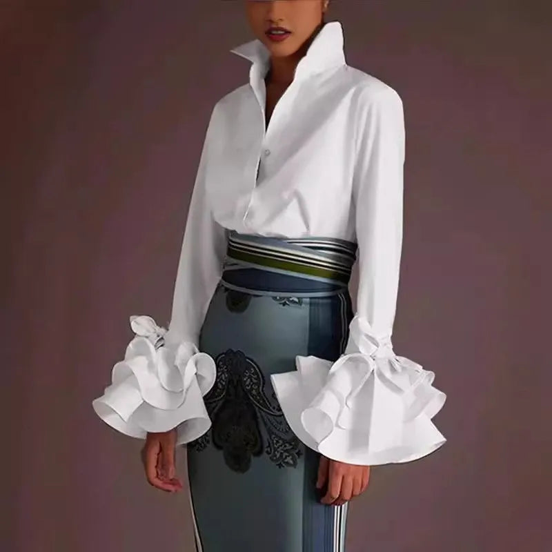 Blouse Shirt Temperament Elegant Slim Solid Color Lotus Leaf Sleeves