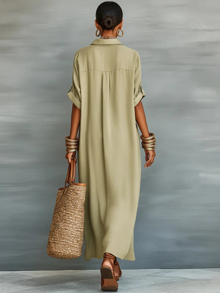 Patchwork Button Shirt Midi Dress – Short Sleeve Loose Beach Vacation Dress