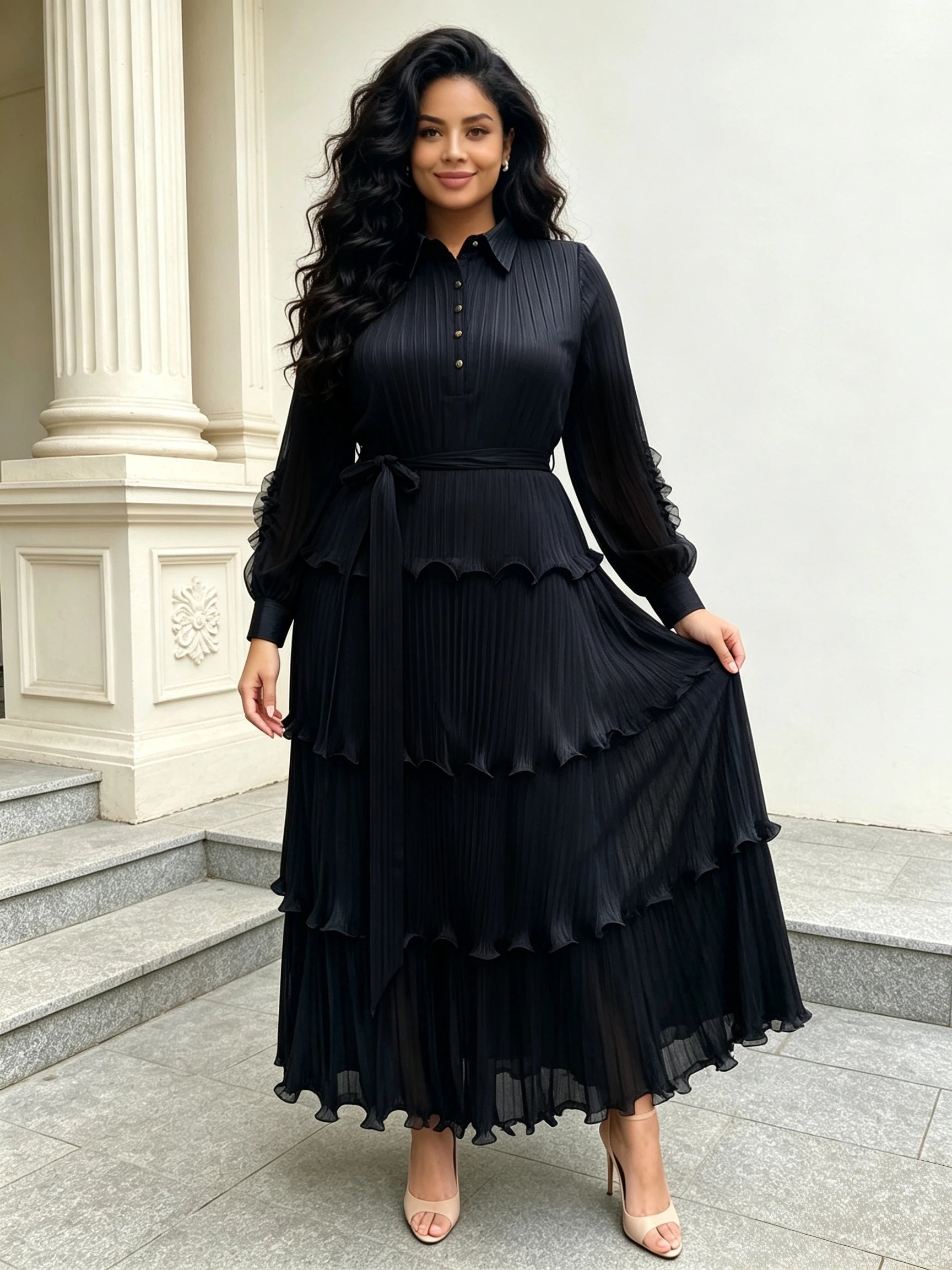 Women's Miyake Pleated Tiered Maxi Dress – Petal Sleeve Belted Long Dress | Elegant African Style