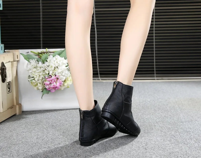 Women's Genuine Leather Platform Ankle Boots – Zip-Up Wedge Booties with Plush Option