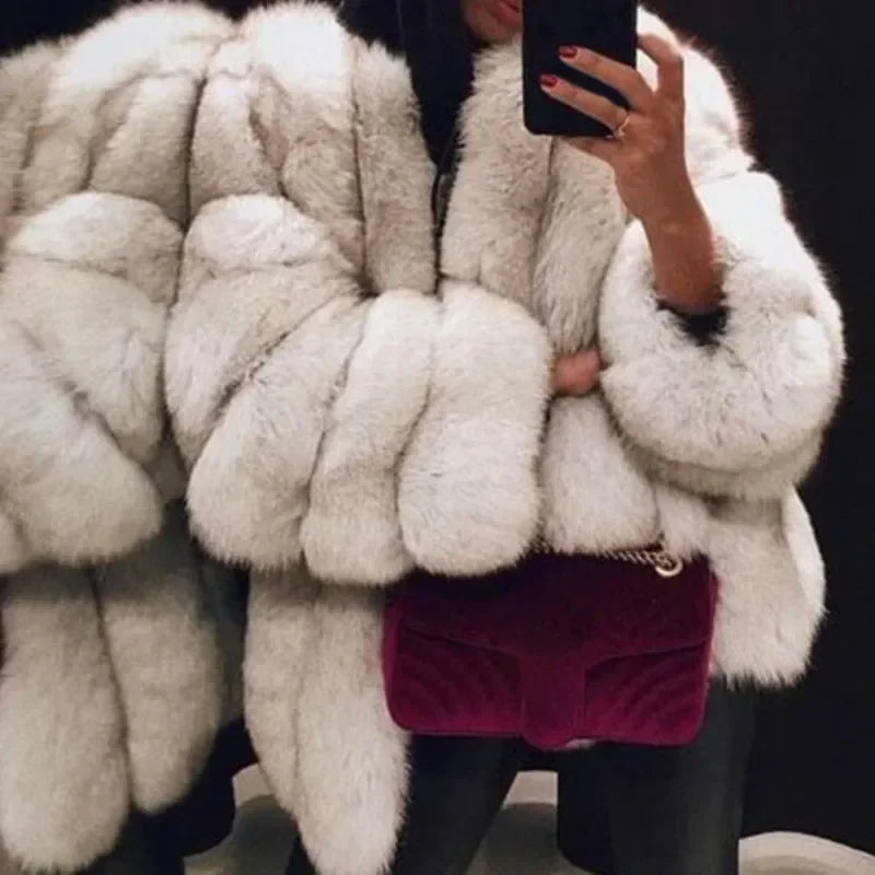 Women's Short Faux Fur Jacket with Puff Sleeves
