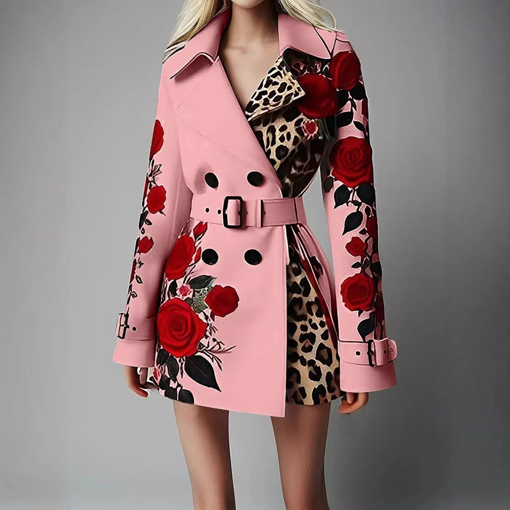 Chic Trench Coat Red Rose Leopard Print Double Breasted Belted Lapel Long LADYLYS