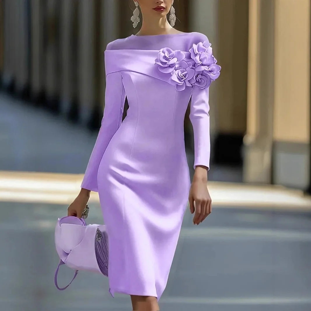 Women's 3D Floral Bodycon Knee Dress – Long Sleeve Formal Evening Dress