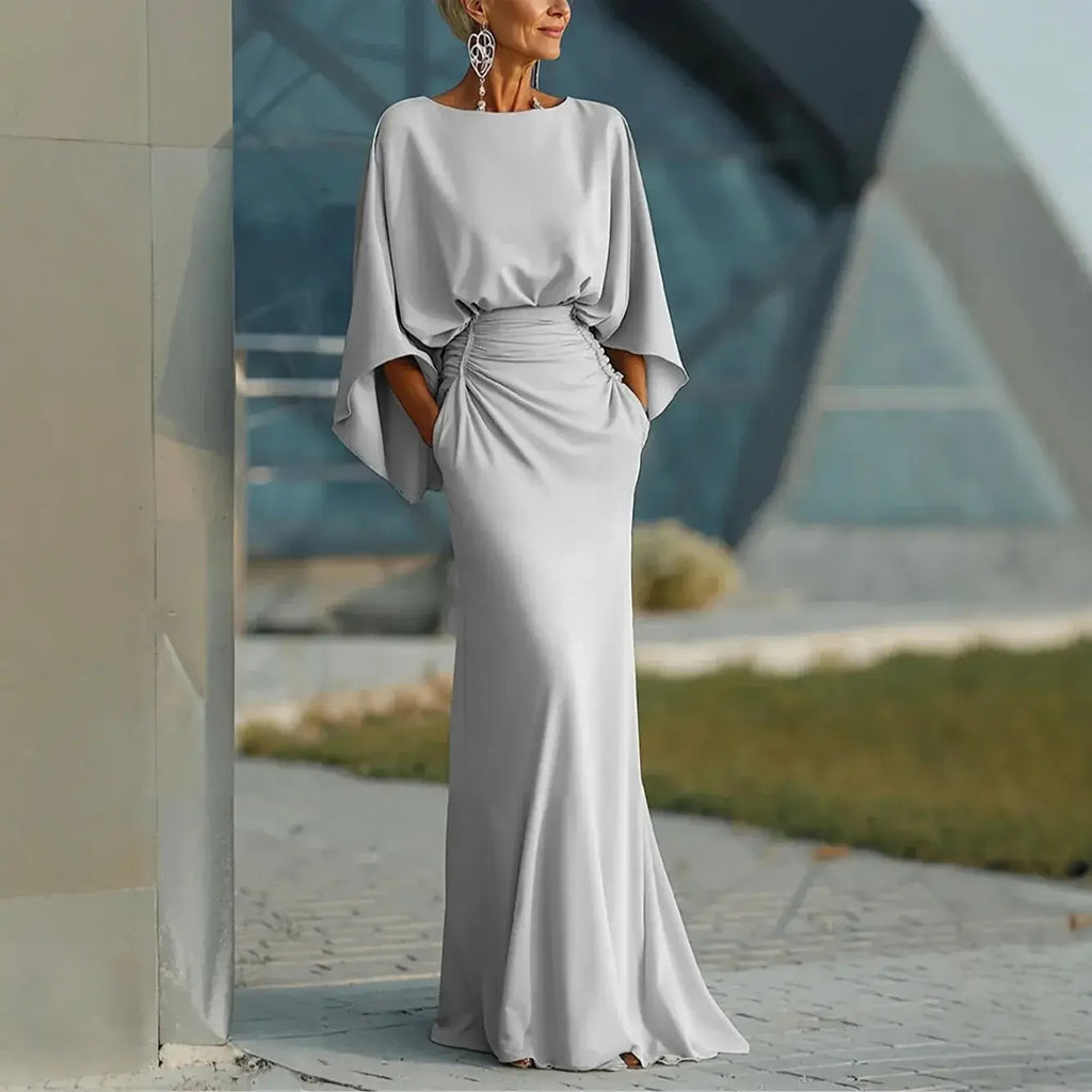 Grey Backless A-Line Maxi Dress with Batwing Sleeves