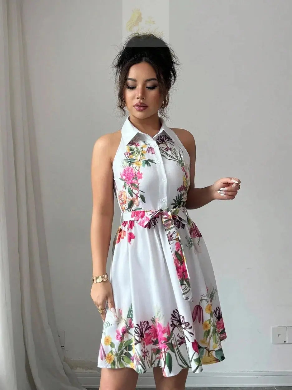 Printed Waist Halterneck Tie Dress Elegant LADYLYS