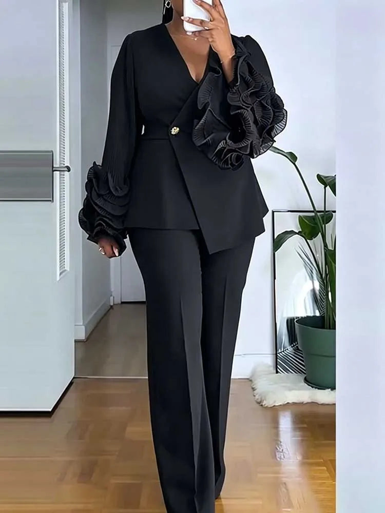 Women’s 2-Piece Blazer & Straight-Leg Pants Suit – Elegant Office Formal Set