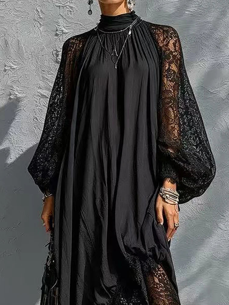 Women's Black Lace Maxi Dress with Mock Neck and Long Sleeves