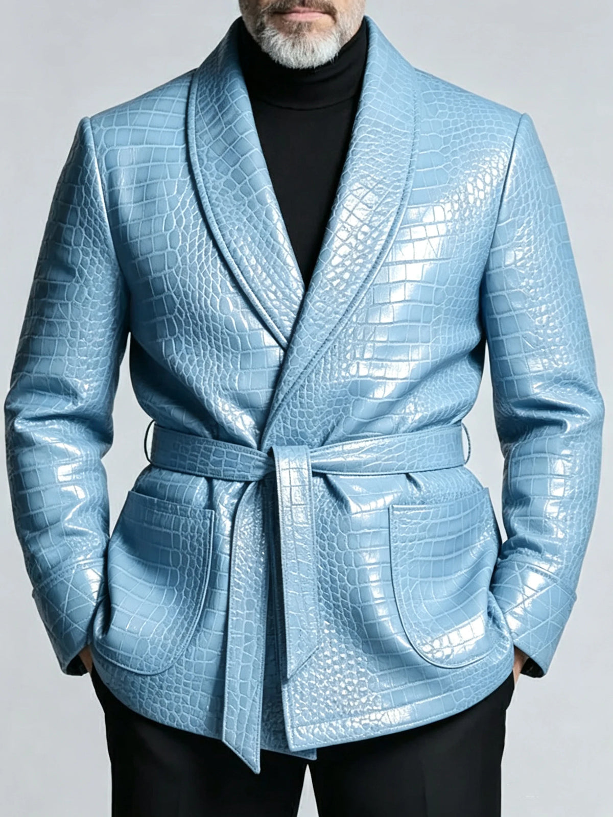 Men's Crocodile-Embossed PU Leather Blazer – Shawl Lapel, Belted, Slim Fit