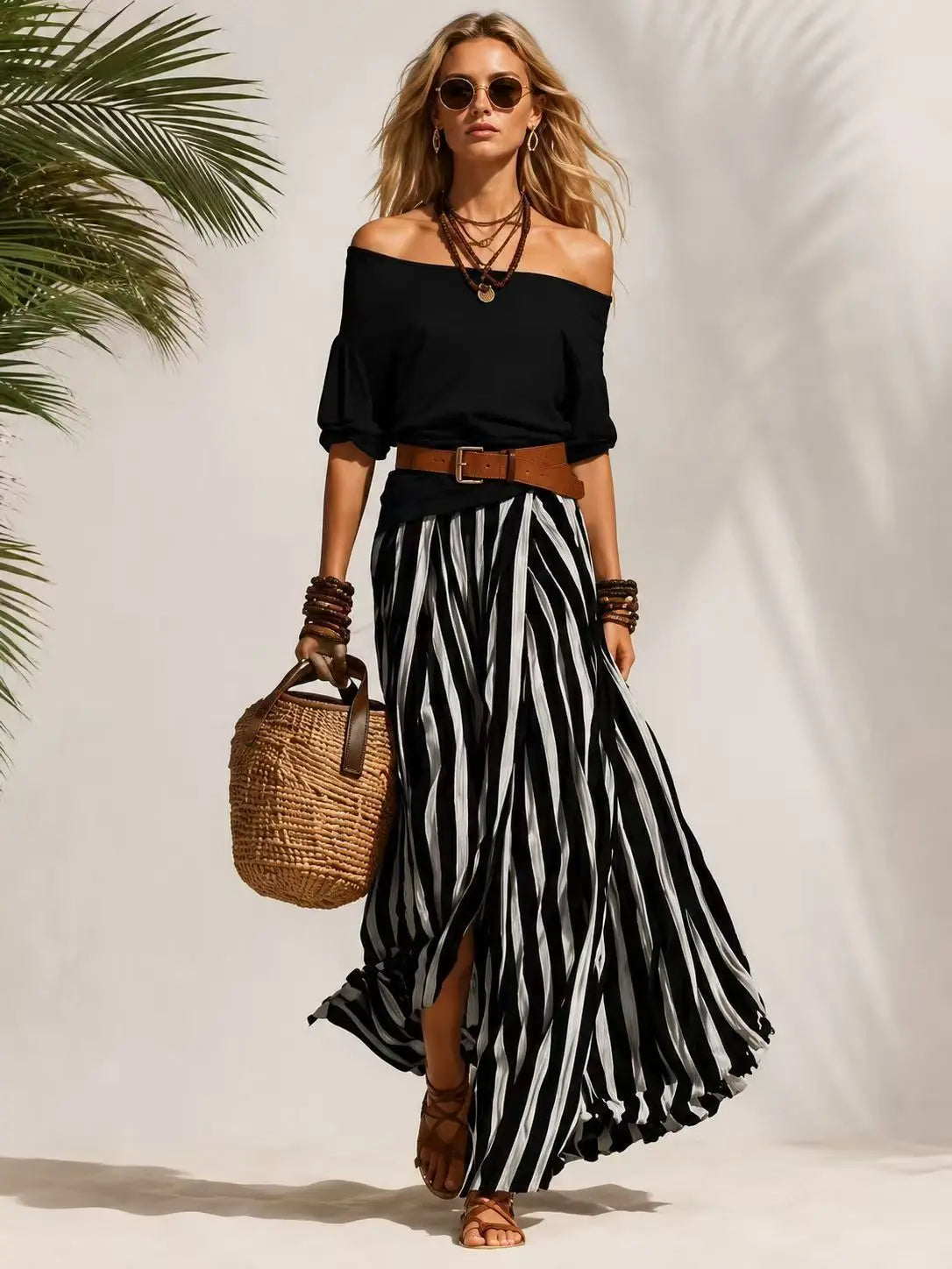 Women's 2-Piece Boho Set – Off-Shoulder Puff Sleeve Top & Vertical Stripe Flowy Maxi Skirt | Casual Vacation Outfit