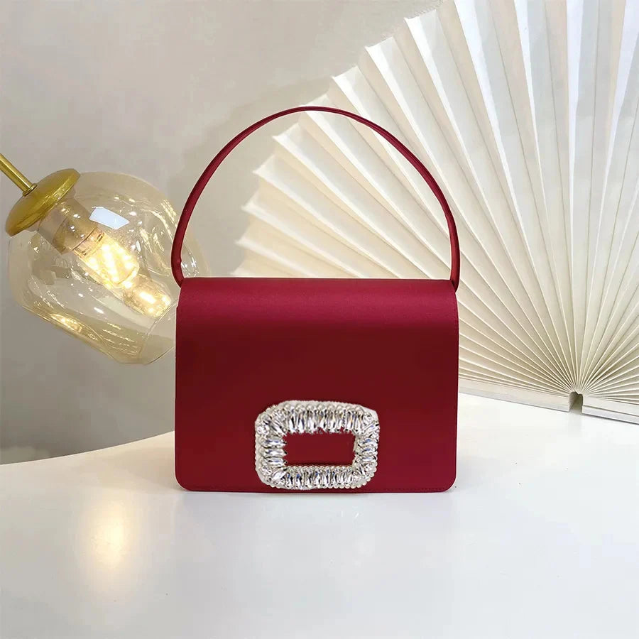 Luxury Diamond Square Button Evening small Bag Clutch Purses Satin Rhinestone LADYLYS