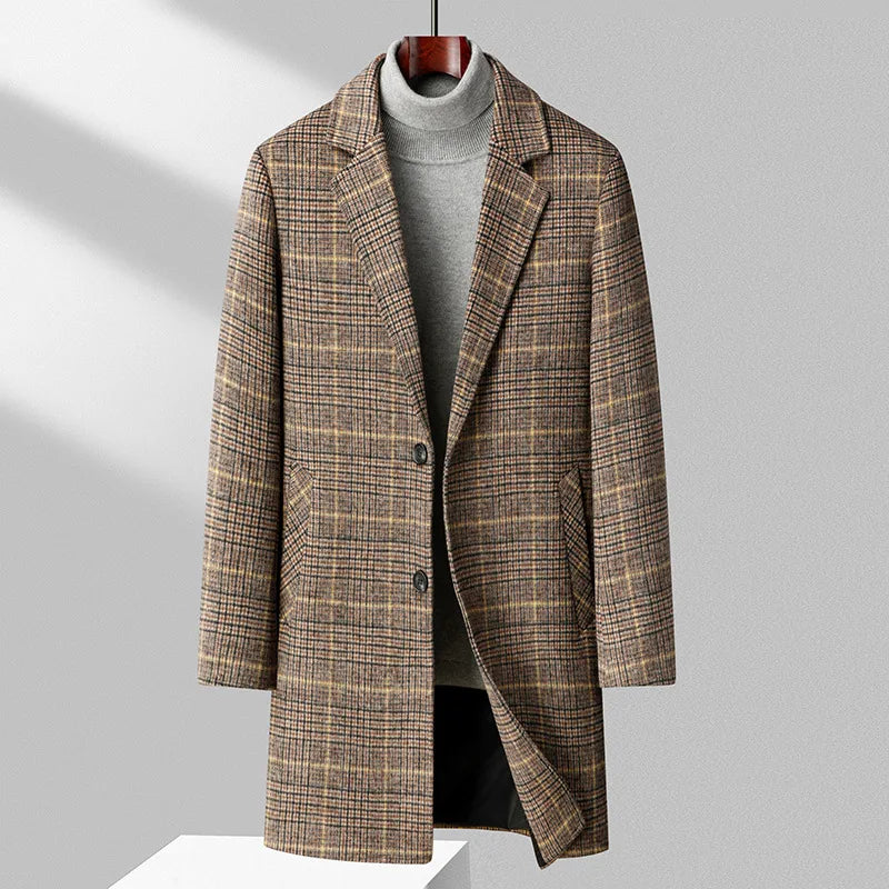 Men's Plaid Cashmere Trench Coat – Business Casual, Winter Luxury Outerwear