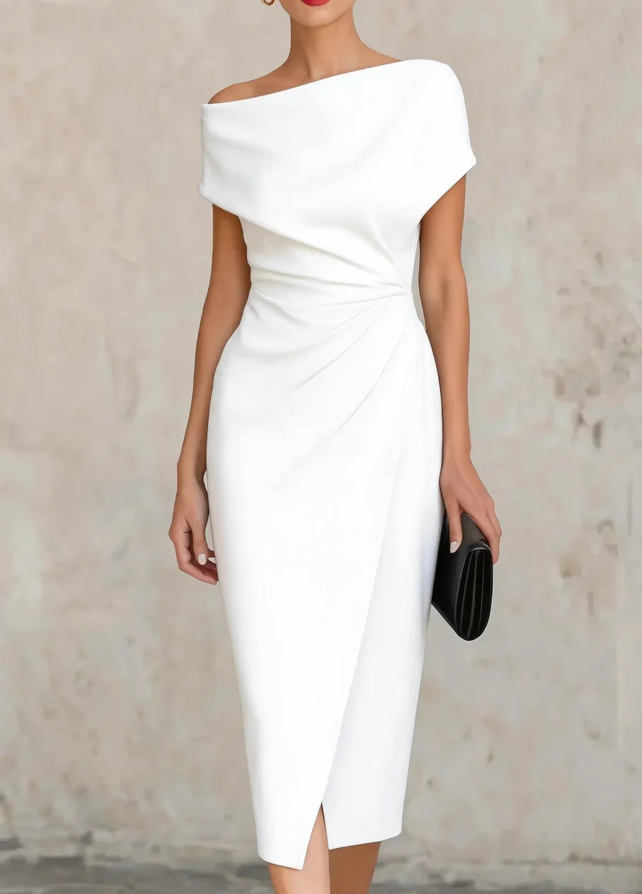 Asymmetrical Off-Shoulder Draped Midi Dress – Ruched Waist Split Pencil Dress