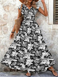 Vintage Floral Print Dress Elegant V-Neck Short Sleeve LADYLYS