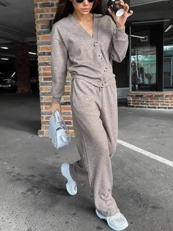 Women's Button-Front Cardigan & Tie-Waist Trousers Set