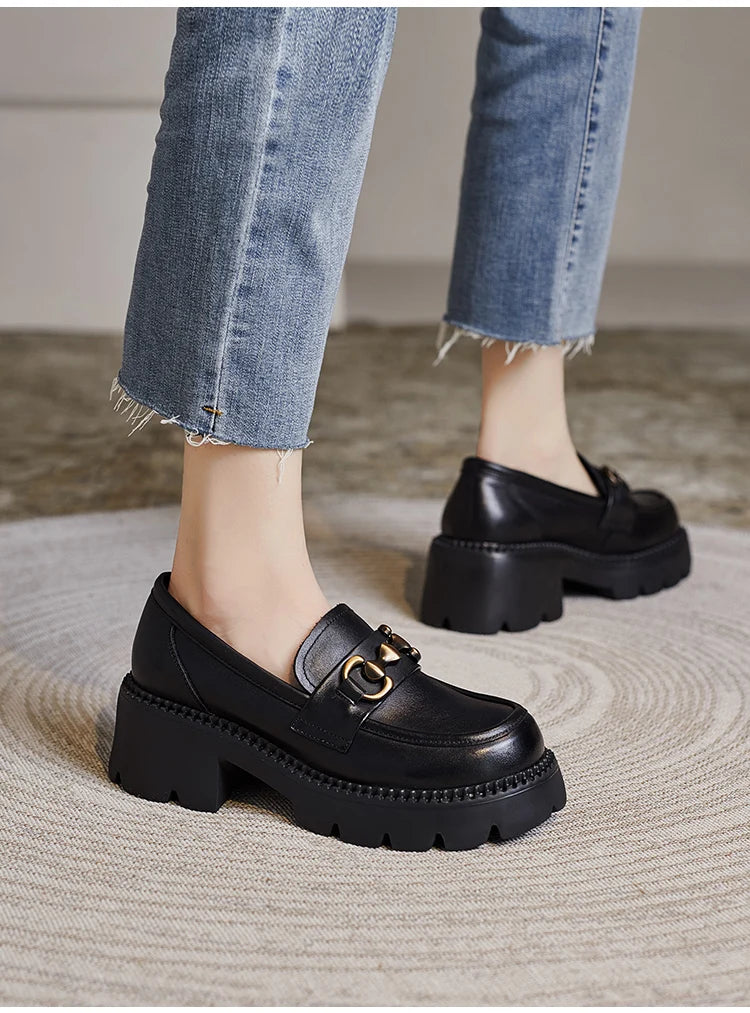Women's Genuine Leather Loafer Pumps – Thick Square Heel Platform Slip-On with Metal Detail