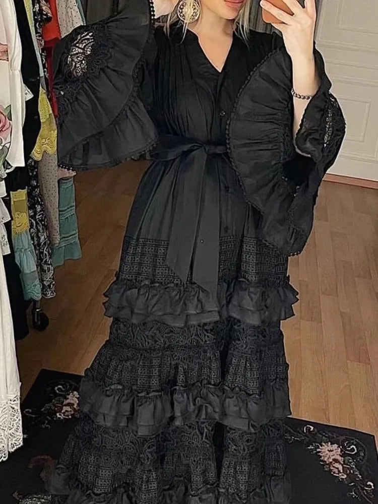 Lace Hollow-Out A-Line Dress – V-Neck, Flare Sleeves & Bandage Detail