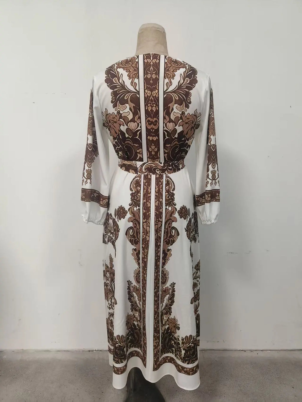 Bohemian Print Long Dress – V-Neck Lantern Sleeve Belt Waist | Casual Vacation Maxi
