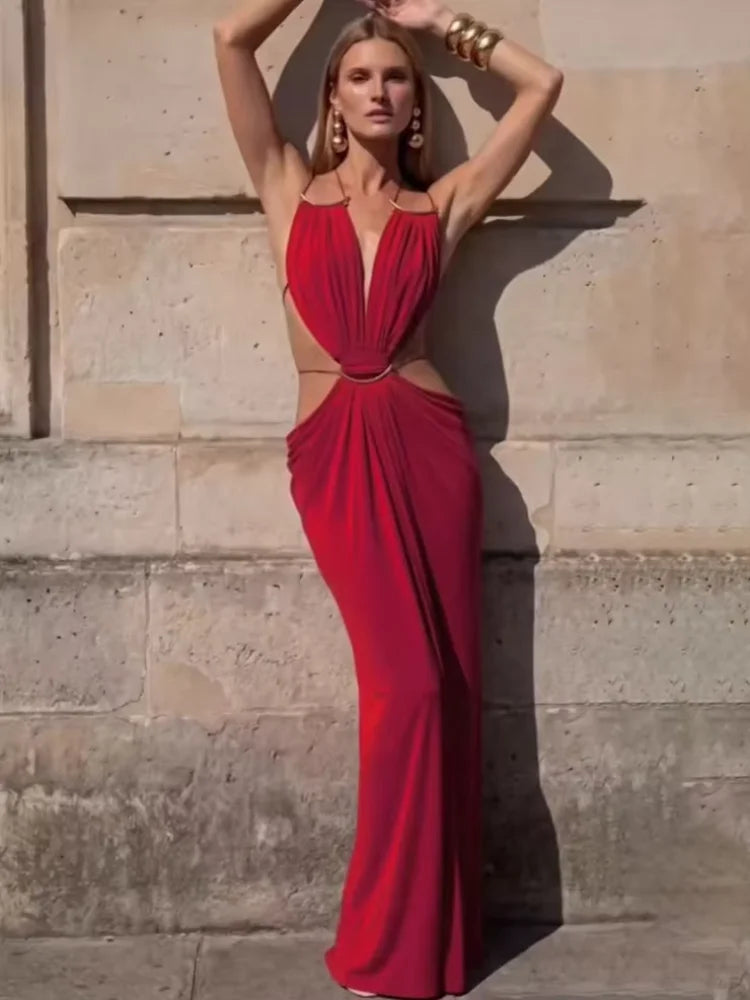 Deep V Cutout Ruched Maxi Gown – Spaghetti Strap Sleeveless Evening Dress