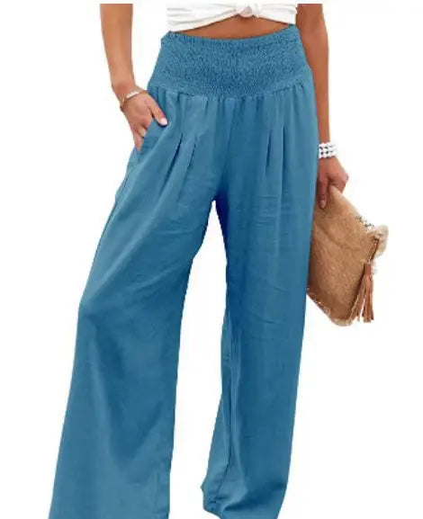 Women's High-Waist Wide Leg Pants — Drawstring Elastic Waist | Casual Beach Trousers | Plus Size