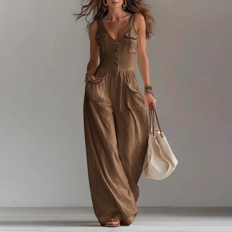 V-Neck Wide Leg Jumpsuit – Elegant Solid, High Waist, Full Length