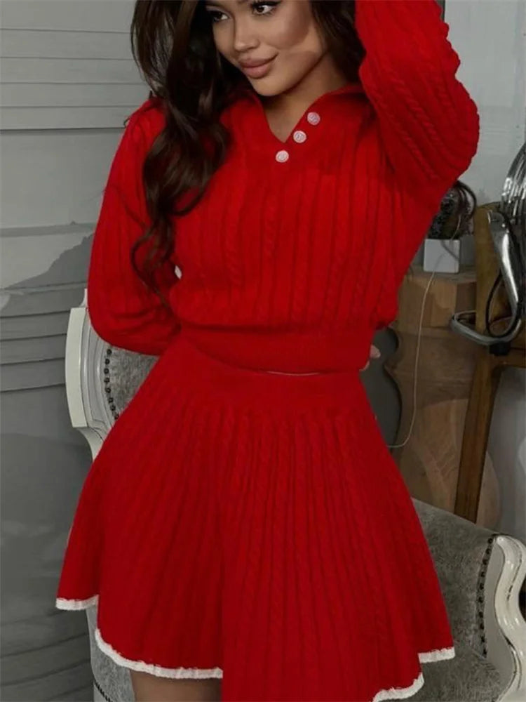Patchwork Contrast 2-Piece Skirt Set – Long Sleeve Top & High Waist Mini Skirt