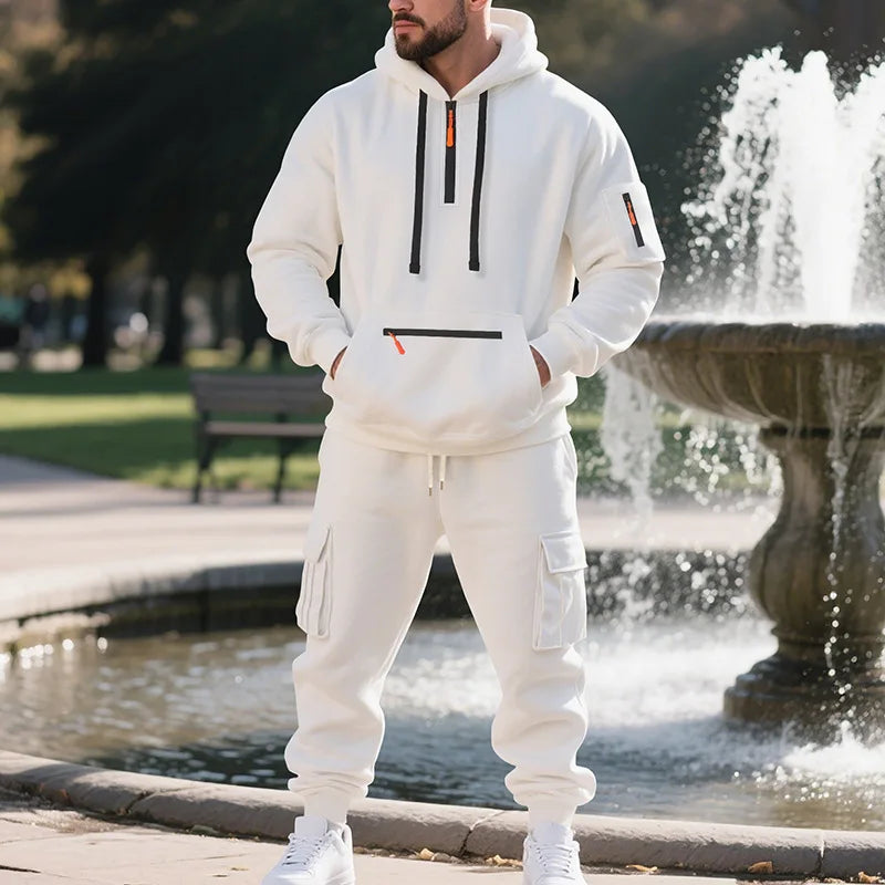 Men's Fleece Hoodie & Multi-Pocket Pants Set – Casual Sportswear