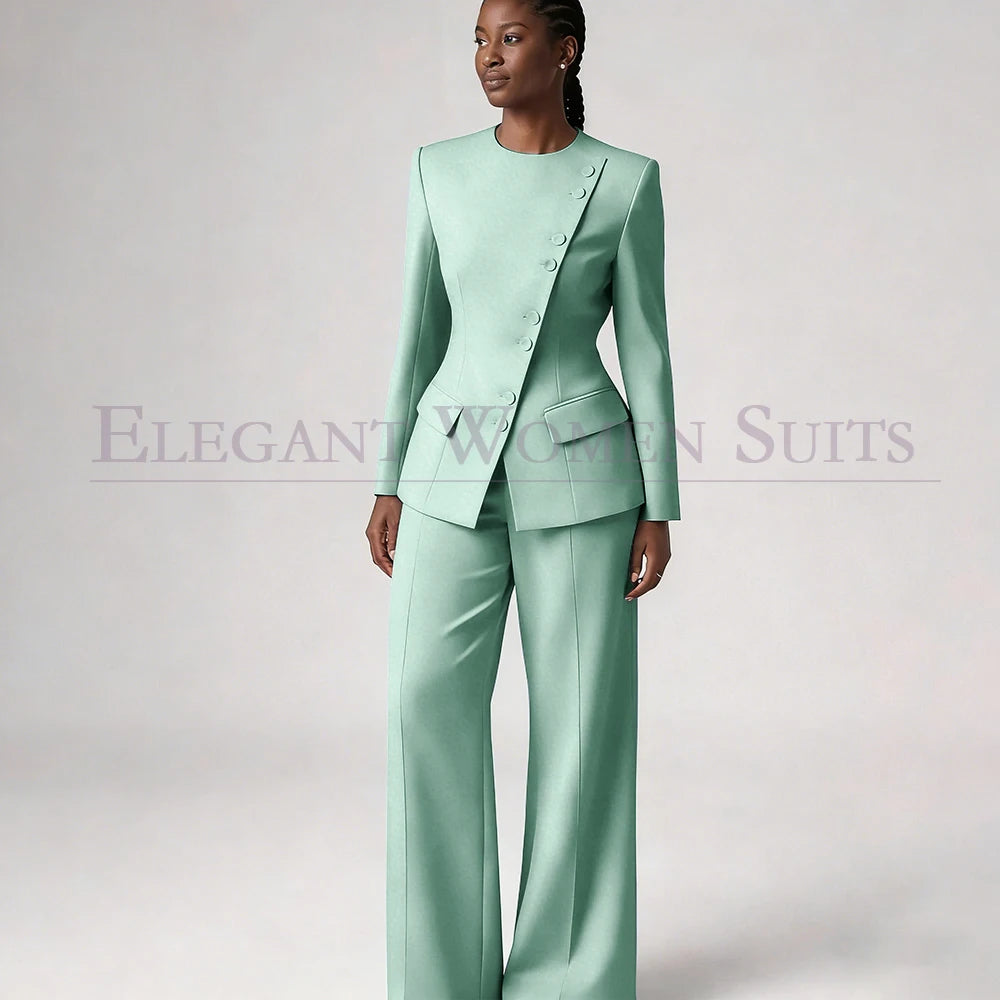 Single Breasted Women's Suits Blazer Luxury O-neck Regular Length 2 Piece LADYLYS