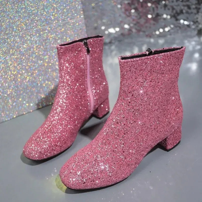 Women's Sparkly Mid-Calf Boots with Block Heels